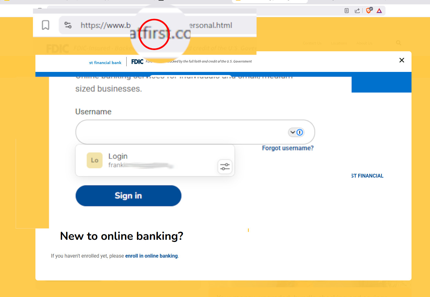 Browser screenshot showing a legitimate banking website with the password manager offering to autofill login credentials